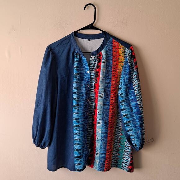 Unknown Blue Multicolored 3/4 Sleeve Button Front Crewneck Blouse - Size S - Picture 4 of 11